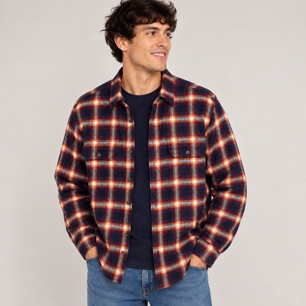 Old Navy Flannel Shirt Men L Orange Navy Blue Burgundy Red Plaid Double Brushed